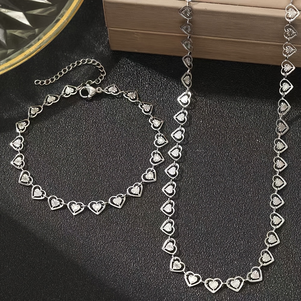 2pcs Stainless Steel Heart to Heart Bracelet Necklace Set